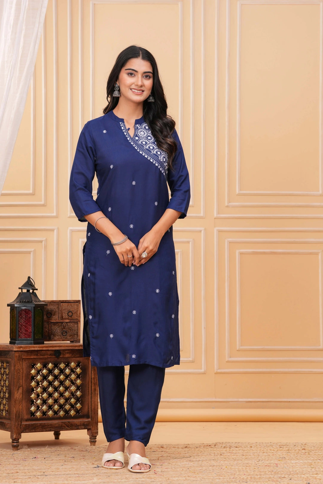 Navy Blue cotton kurta set with white embroidered motifs and yoke