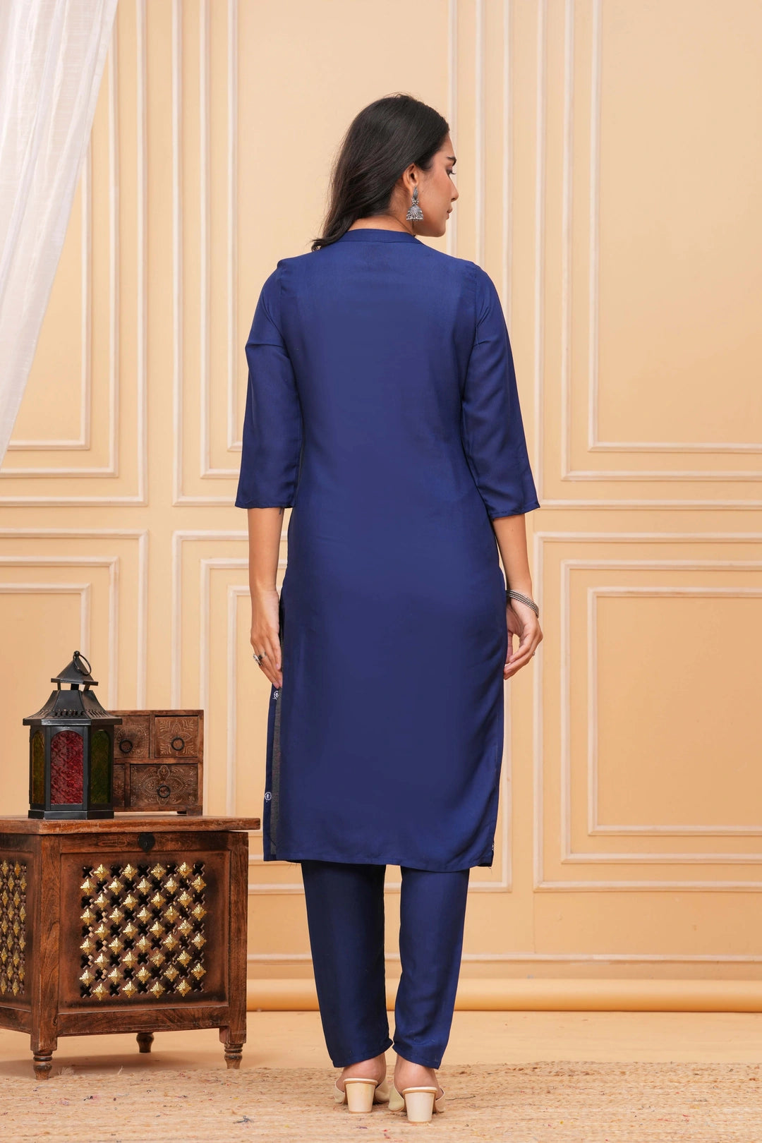 Embroidered Cotton Kurta Set - Navy Blue with Delicate Motifs