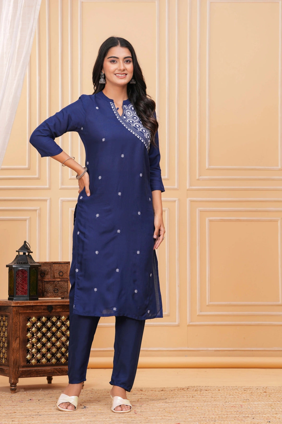 Embroidered Cotton Kurta Set - Navy Blue with Delicate Motifs