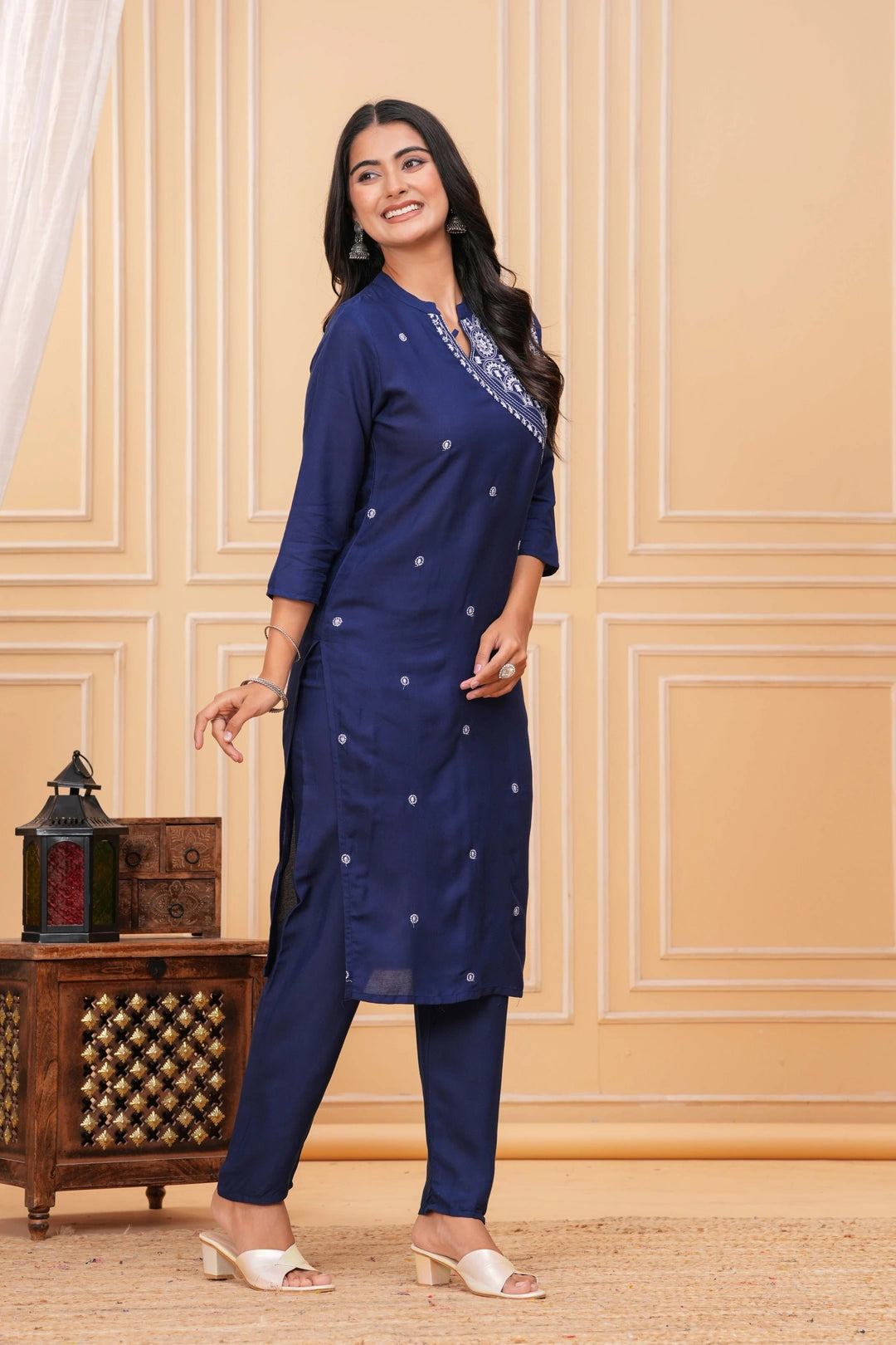 Embroidered Cotton Kurta Set - Navy Blue with Delicate Motifs