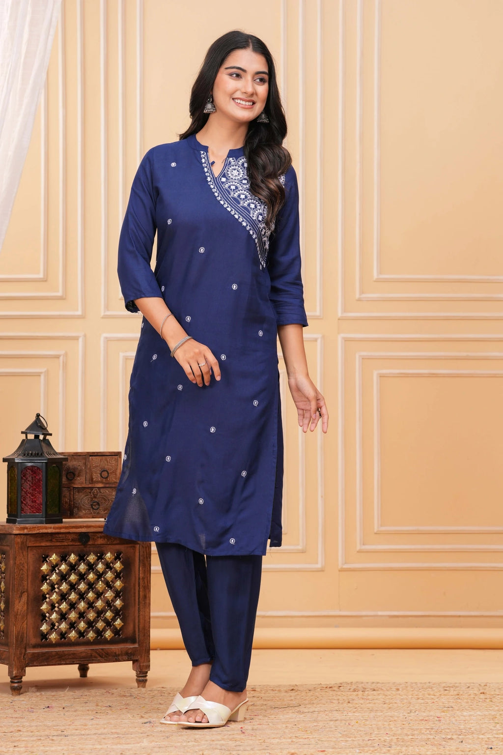 Embroidered Cotton Kurta Set - Navy Blue with Delicate Motifs