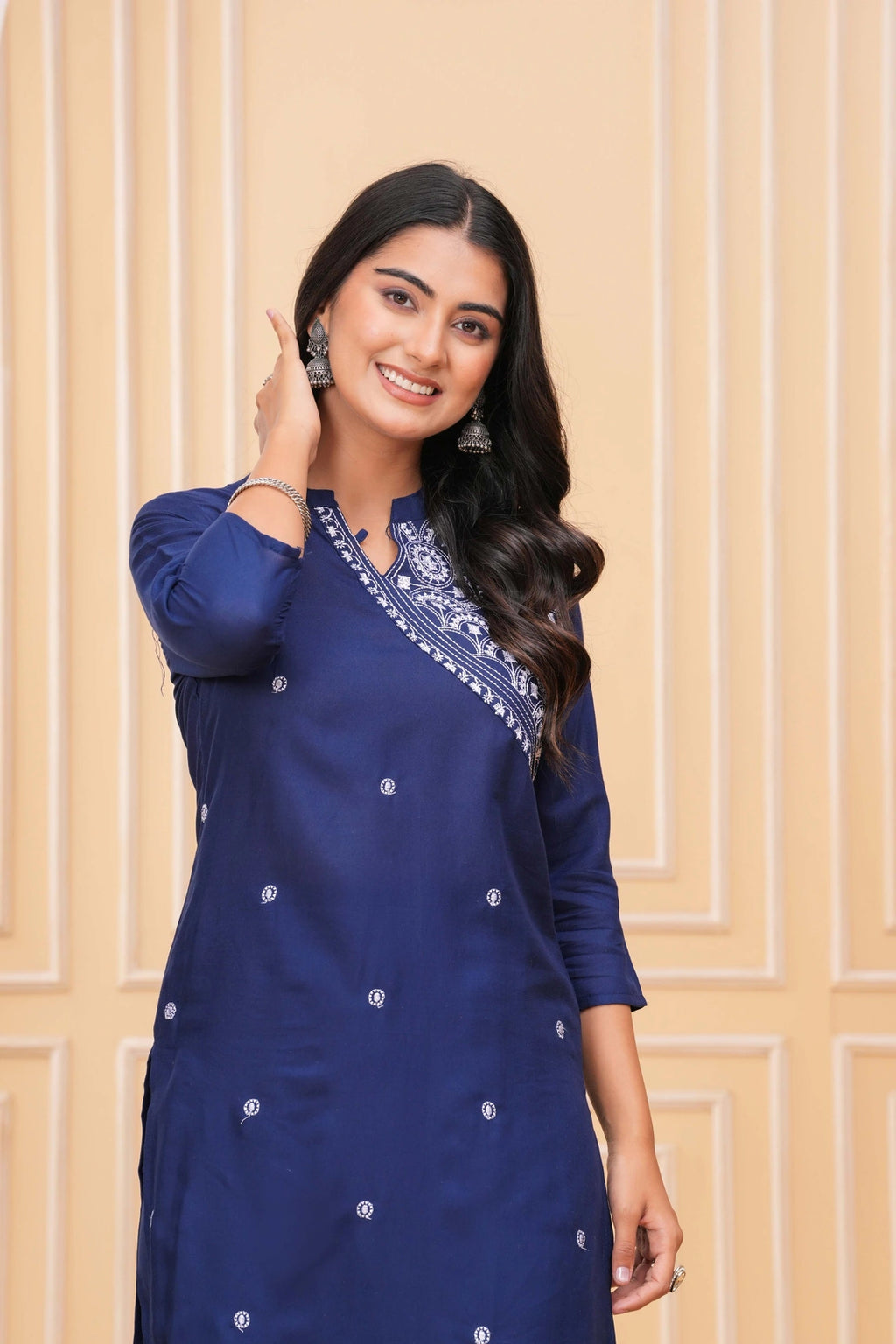 Embroidered Cotton Kurta Set - Navy Blue with Delicate Motifs