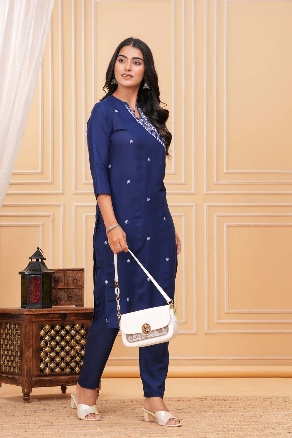 Embroidered Cotton Kurta Set - Navy Blue with Delicate Motifs