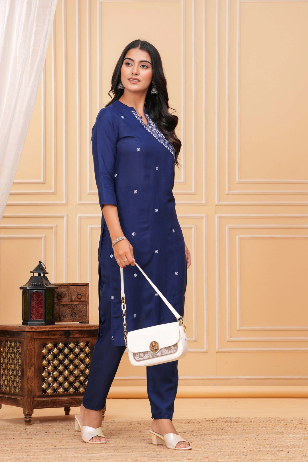 Embroidered Cotton Kurta Set - Navy Blue with Delicate Motifs