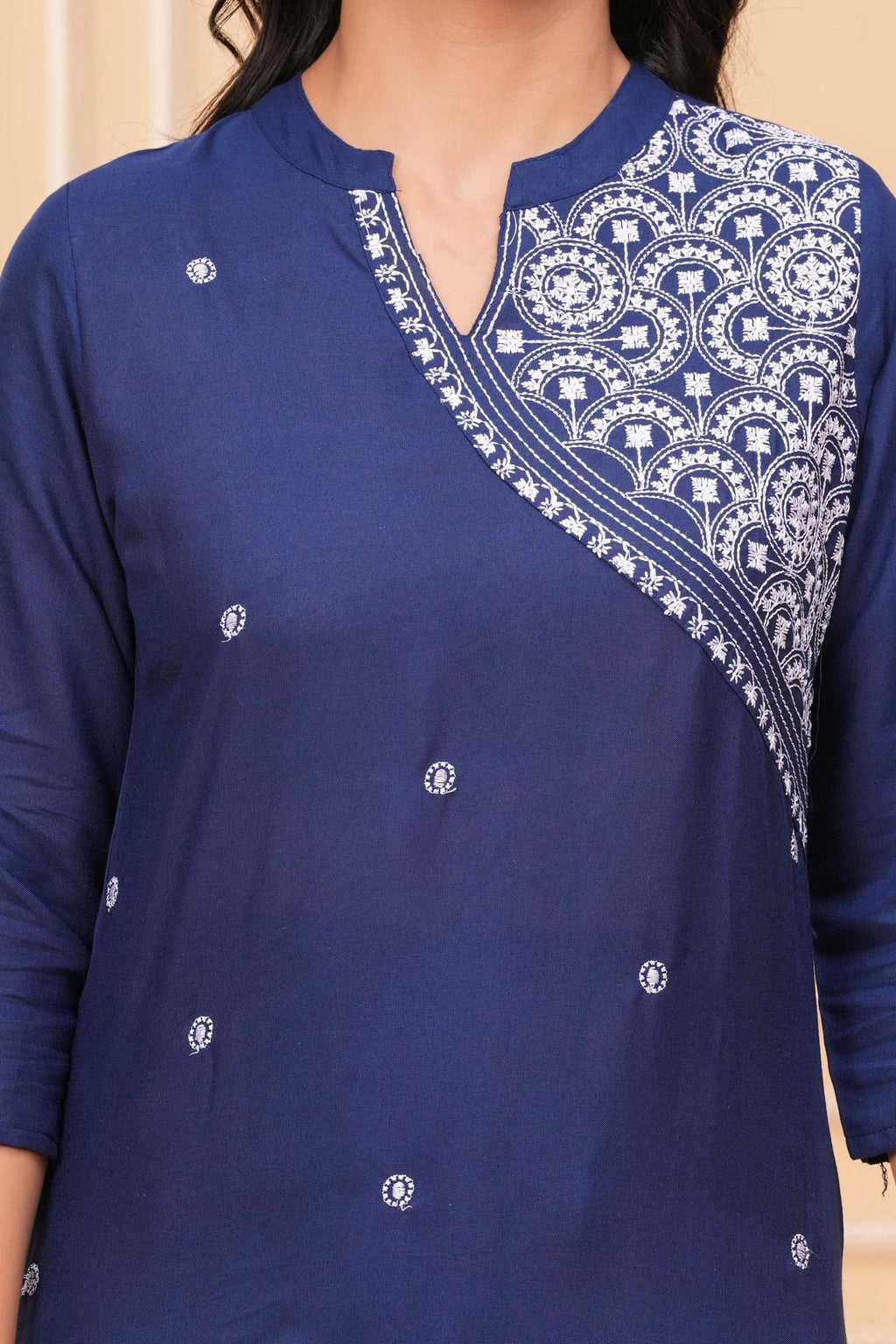Embroidered Cotton Kurta Set - Navy Blue with Delicate Motifs