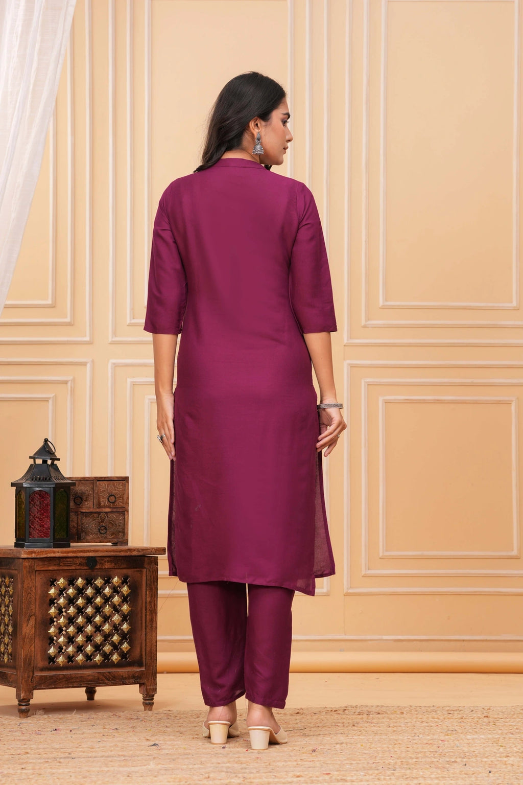 Embroidered Rayon Kurta Set - Elegant Plum Motif Work