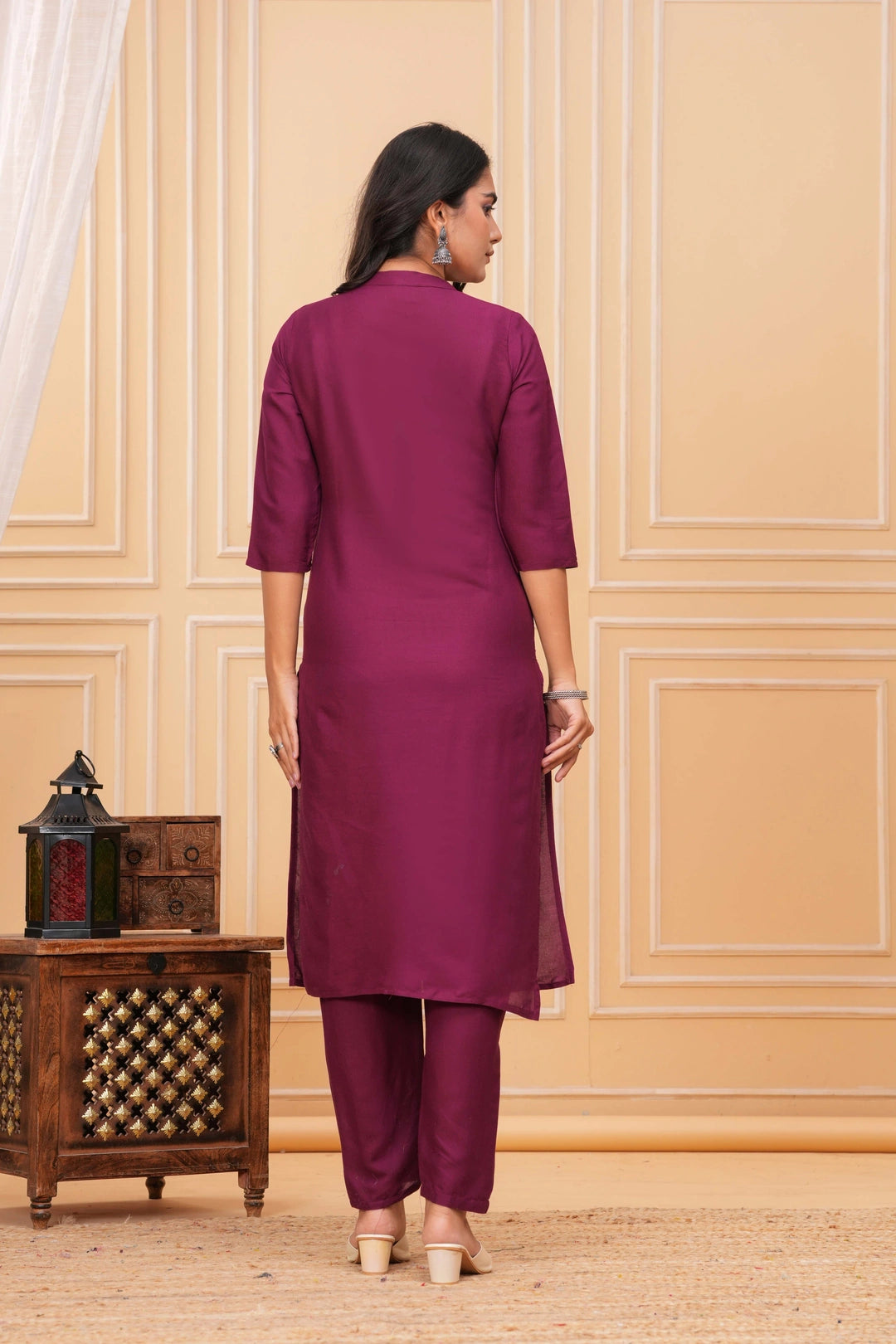 Embroidered Rayon Kurta Set - Elegant Plum Motif Work