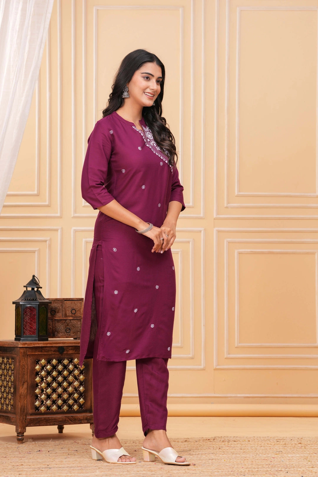Embroidered Rayon Kurta Set - Elegant Plum Motif Work