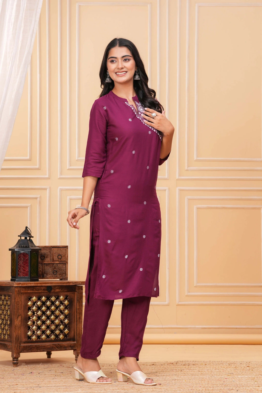 Embroidered Rayon Kurta Set - Elegant Plum Motif Work
