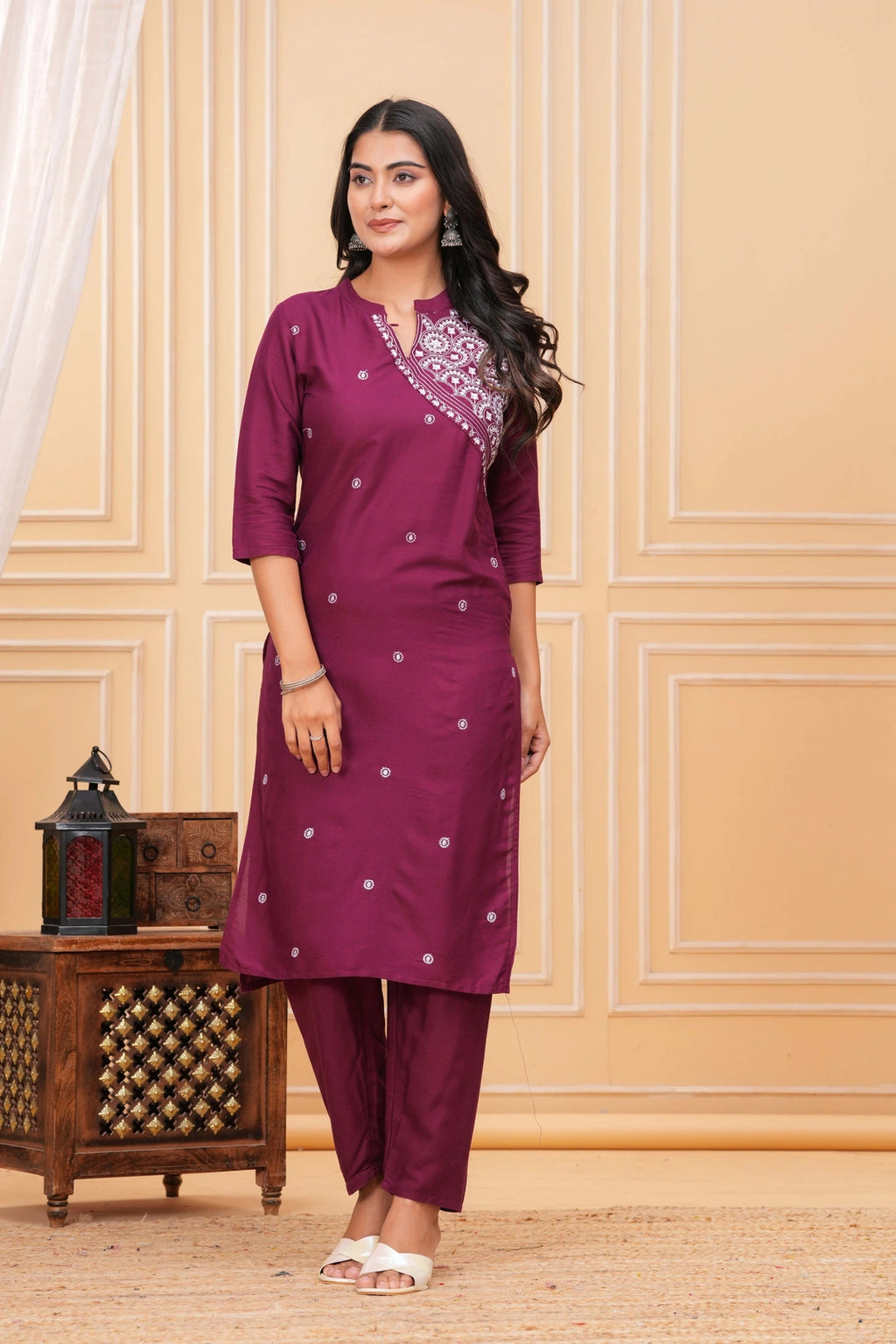 Embroidered Rayon Kurta Set - Elegant Plum Motif Work