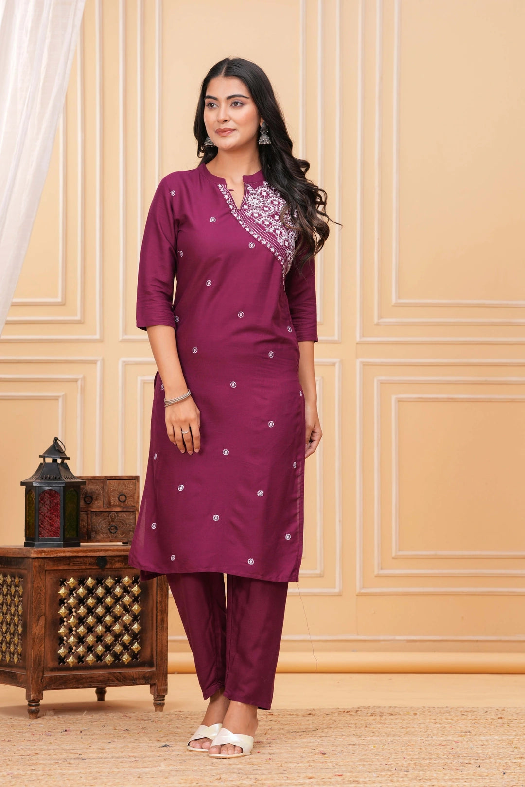 Embroidered Rayon Kurta Set - Elegant Plum Motif Work