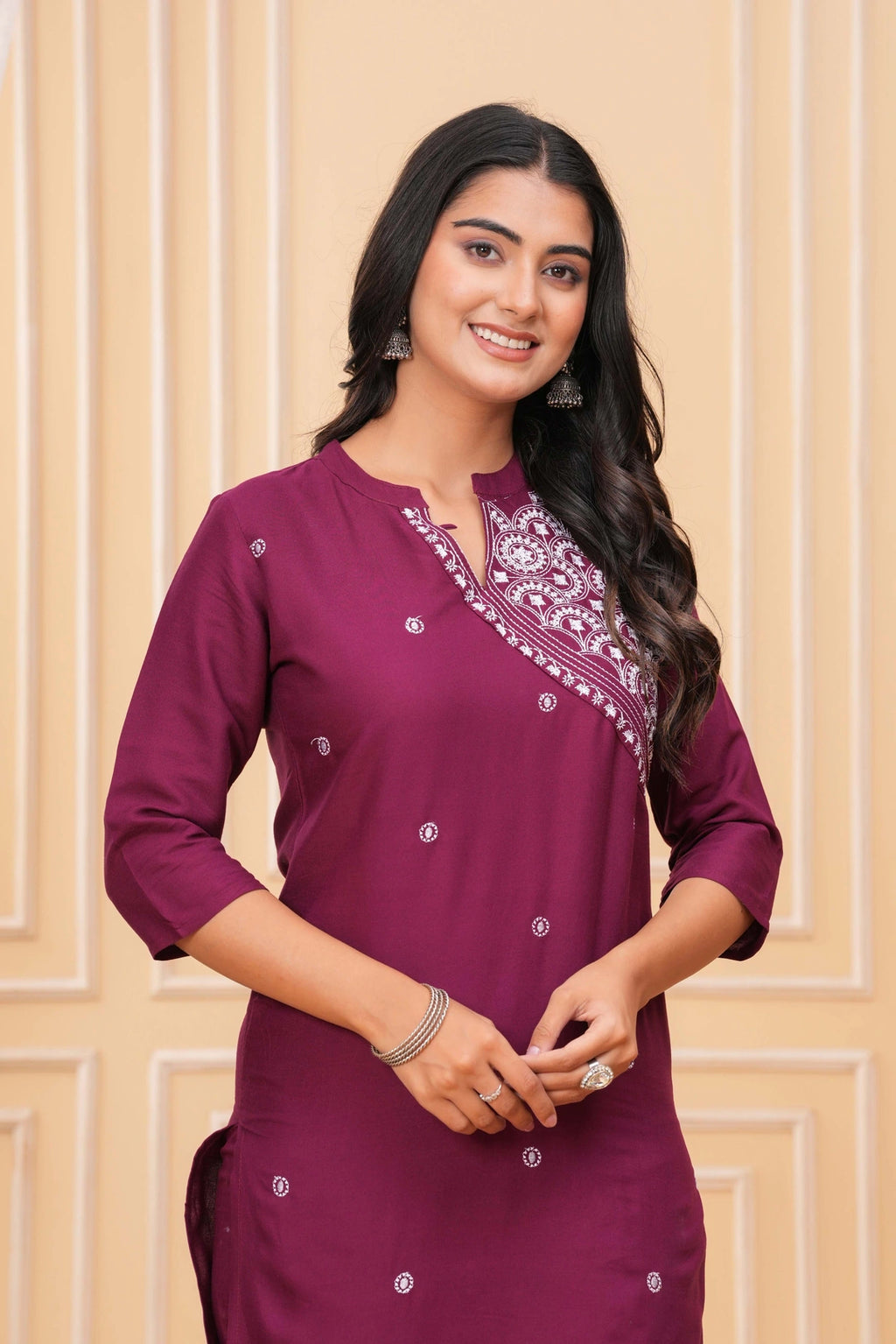 Embroidered Rayon Kurta Set - Elegant Plum Motif Work