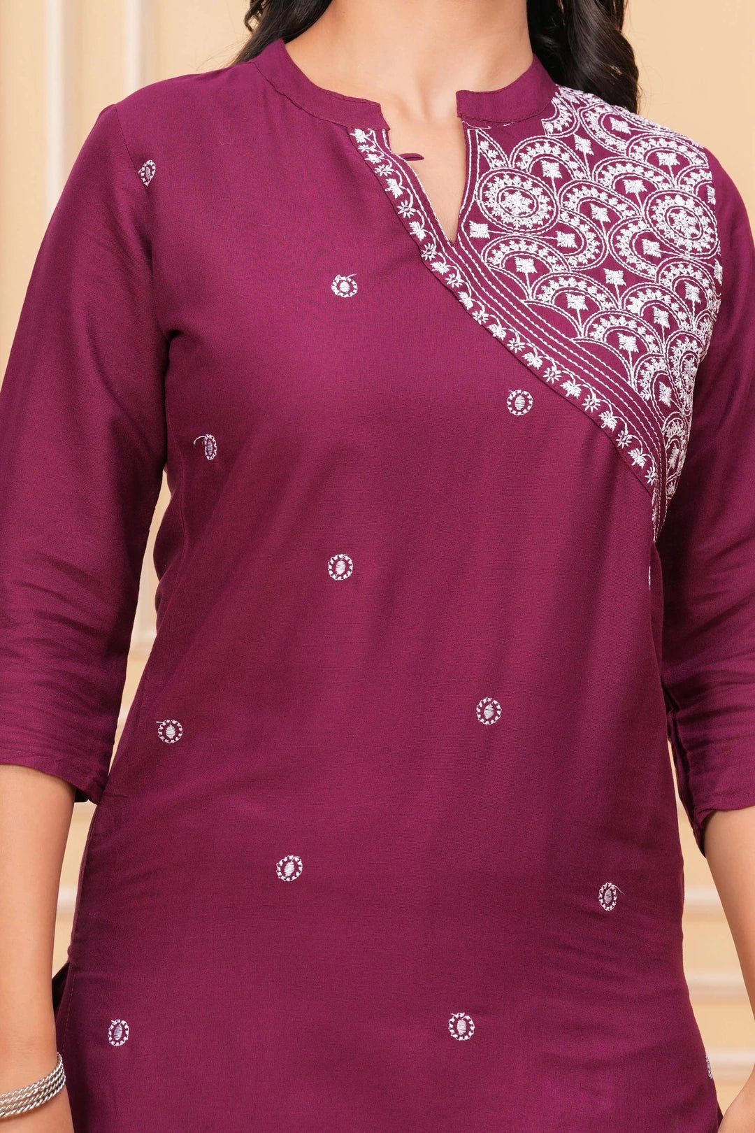 Embroidered Rayon Kurta Set - Elegant Plum Motif Work