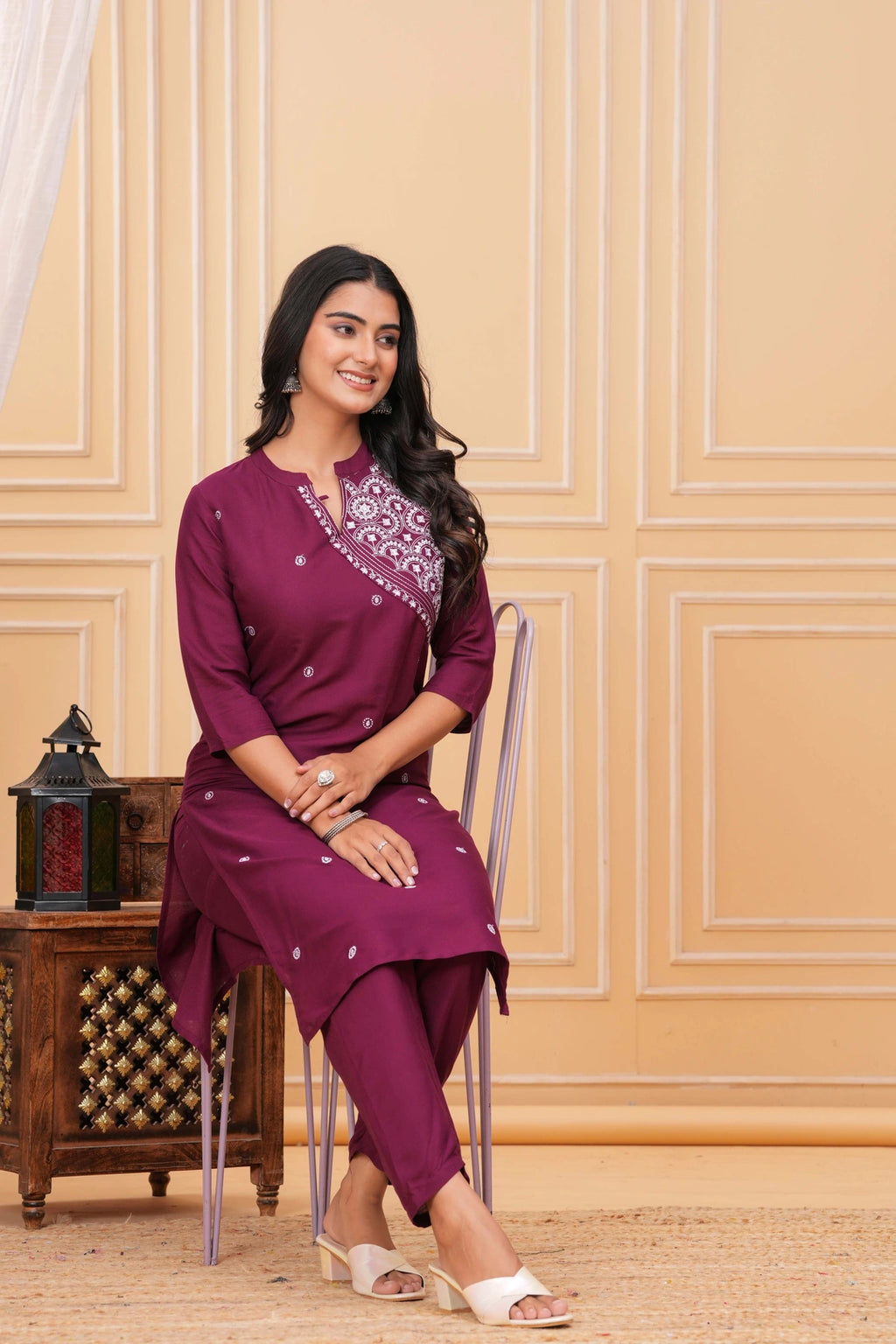 Embroidered Rayon Kurta Set - Elegant Plum Motif Work