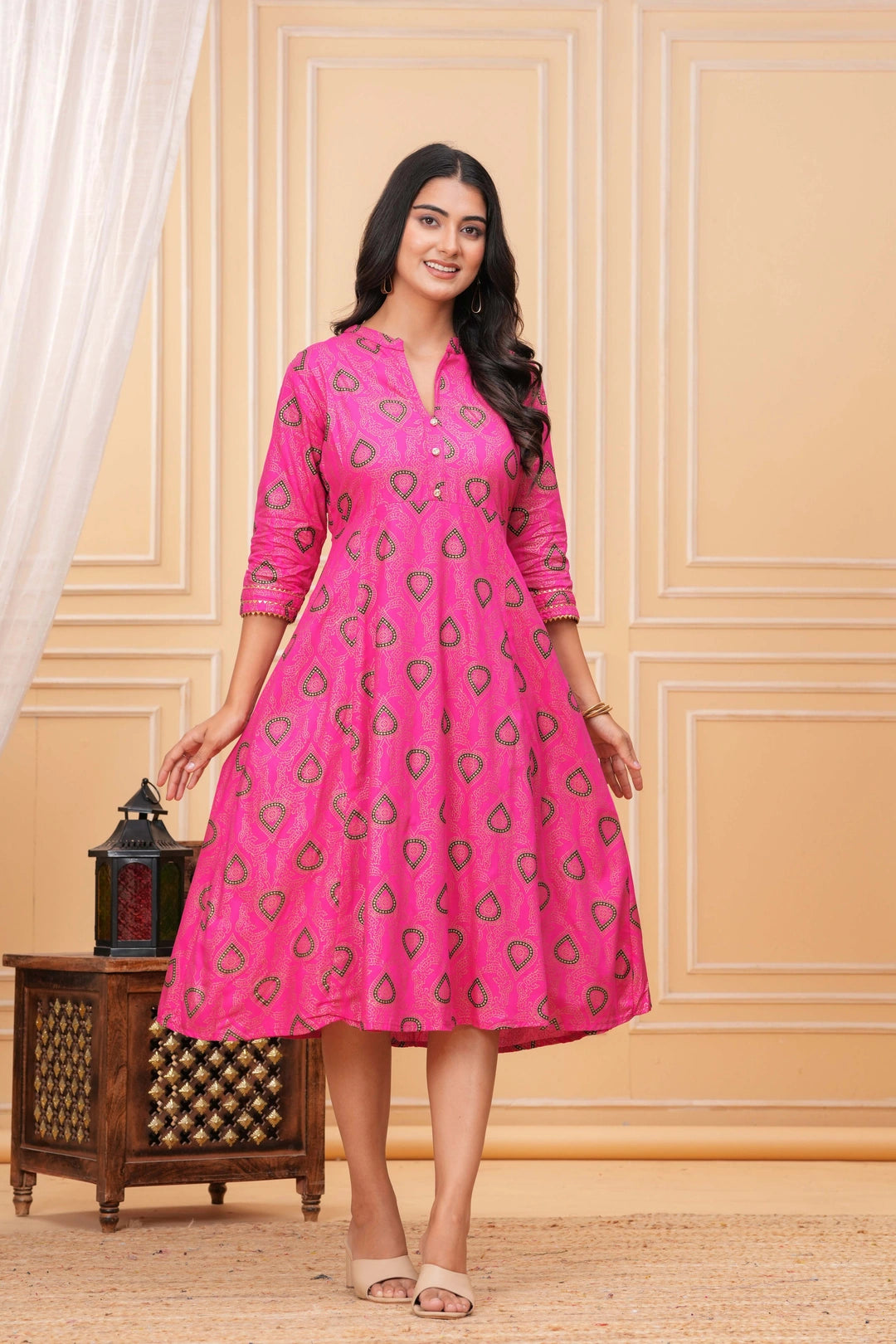 Handblock Inspired Cotton Kurta - Pink Foil Paisley Print