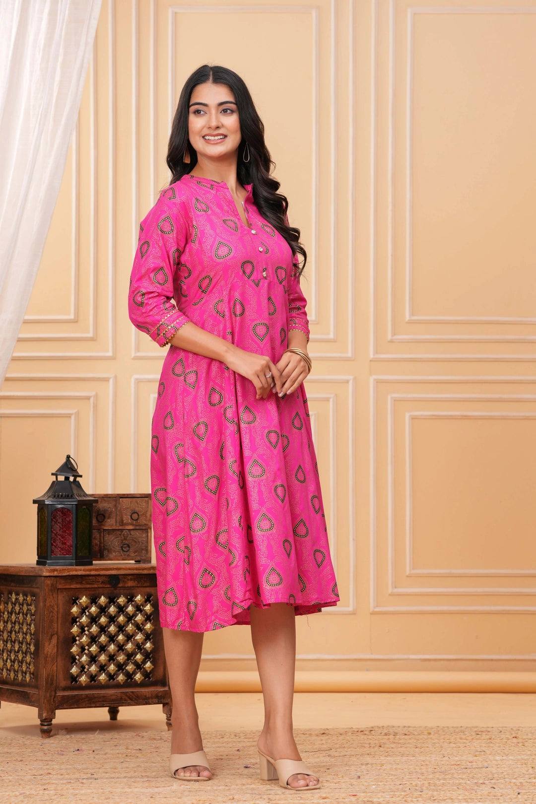 Handblock Inspired Cotton Kurta - Pink Foil Paisley Print
