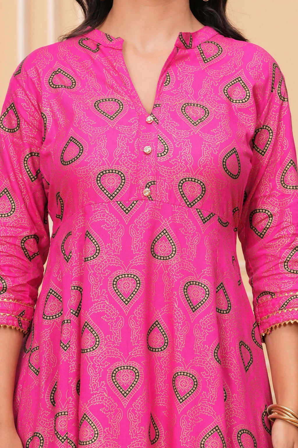 Handblock Inspired Cotton Kurta - Pink Foil Paisley Print
