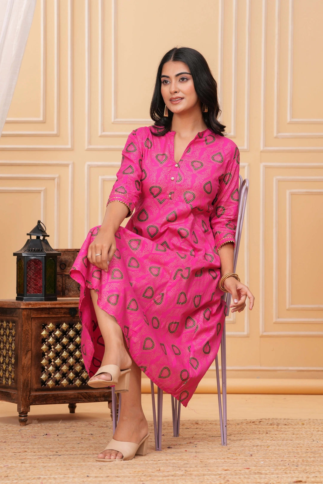Handblock Inspired Cotton Kurta - Pink Foil Paisley Print