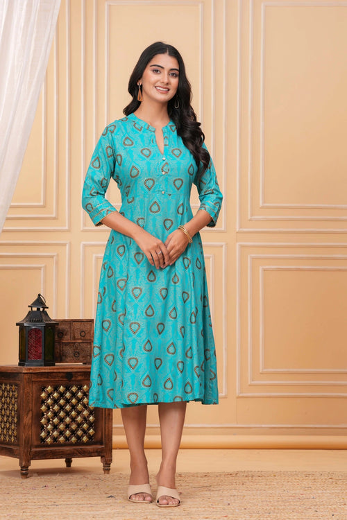 Block Printed Rayon A-Line Kurta Dress - Teal Paisley Motifs