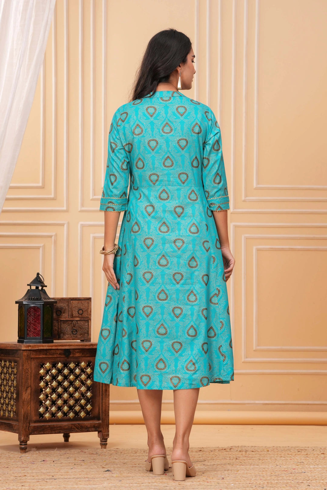 Block Printed Rayon A-Line Kurta Dress - Teal Paisley Motifs