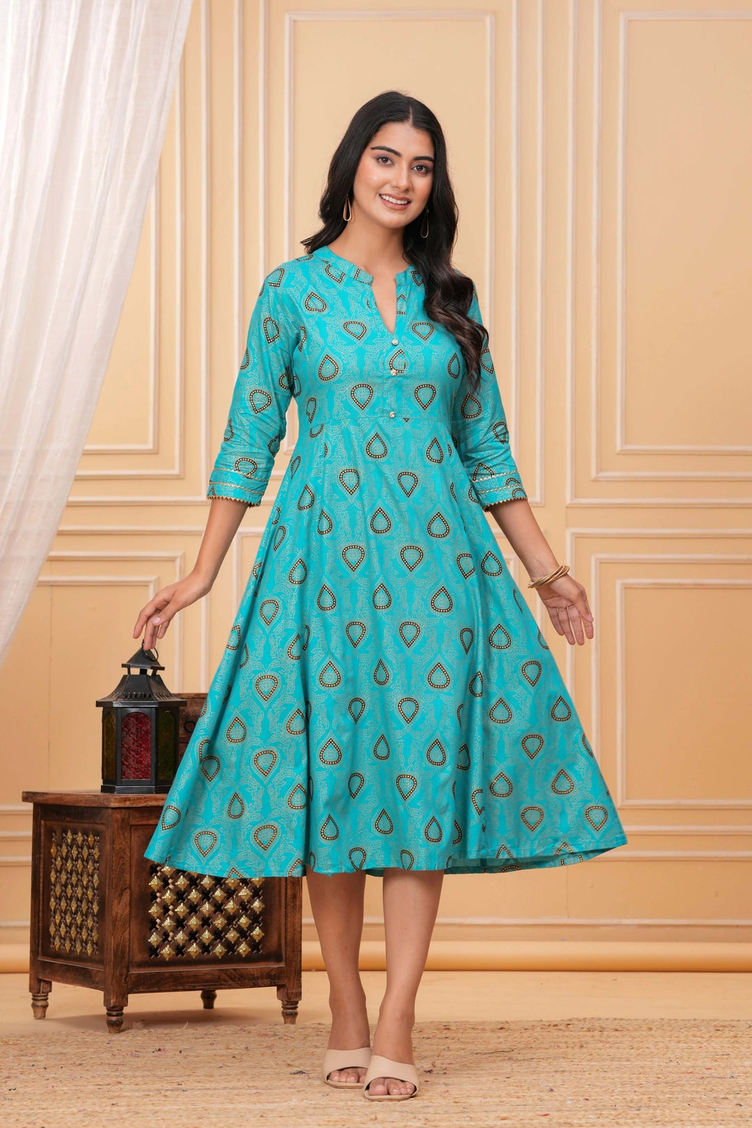 Block Printed Rayon A-Line Kurta Dress - Teal Paisley Motifs