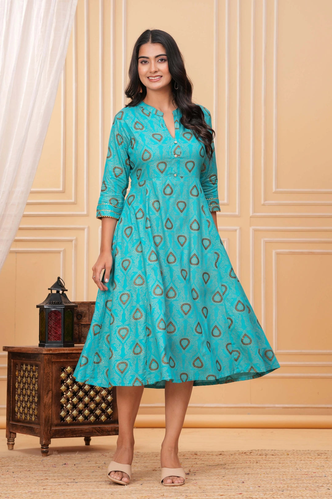 Block Printed Rayon A-Line Kurta Dress - Teal Paisley Motifs