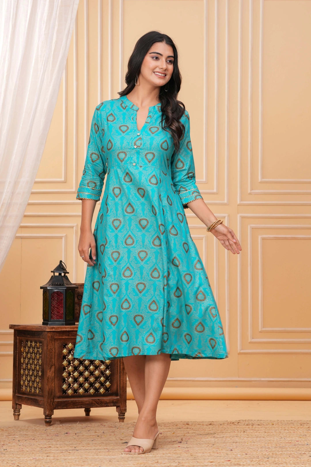 Block Printed Rayon A-Line Kurta Dress - Teal Paisley Motifs