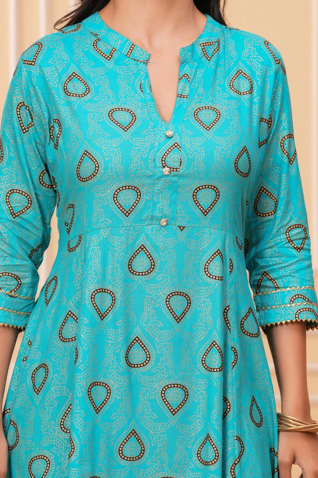 Block Printed Rayon A-Line Kurta Dress - Teal Paisley Motifs