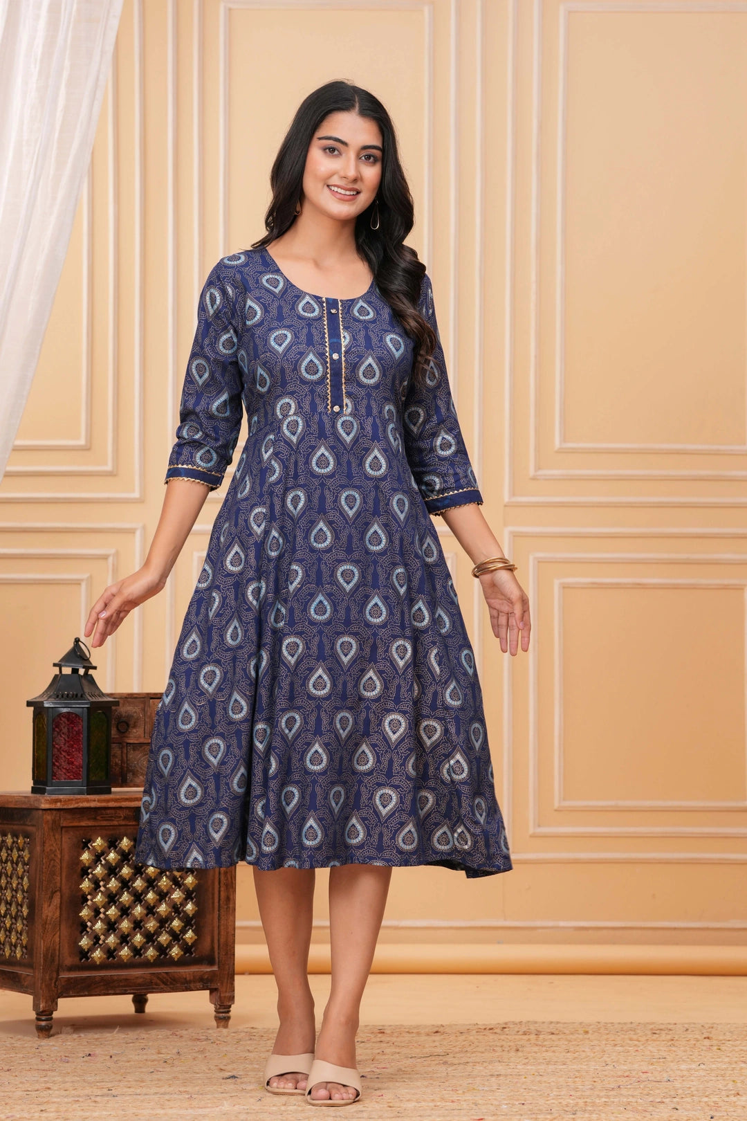 Navy blue rayon Anarkali kurta with light blue and gold handblock printed paisley pattern and Gota Patti detailing