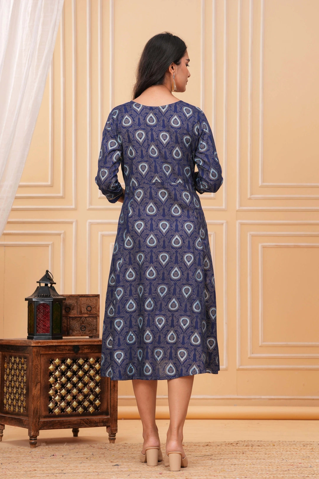 Handblock Printed Rayon Anarkali Kurta - Paisley Motif Blue