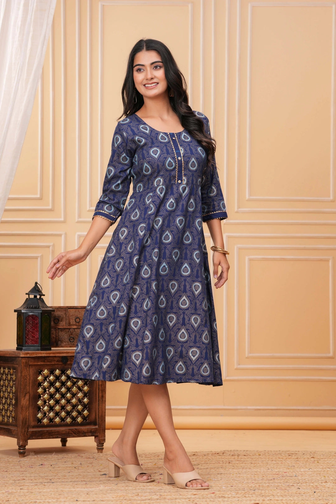 Handblock Printed Rayon Anarkali Kurta - Paisley Motif Blue