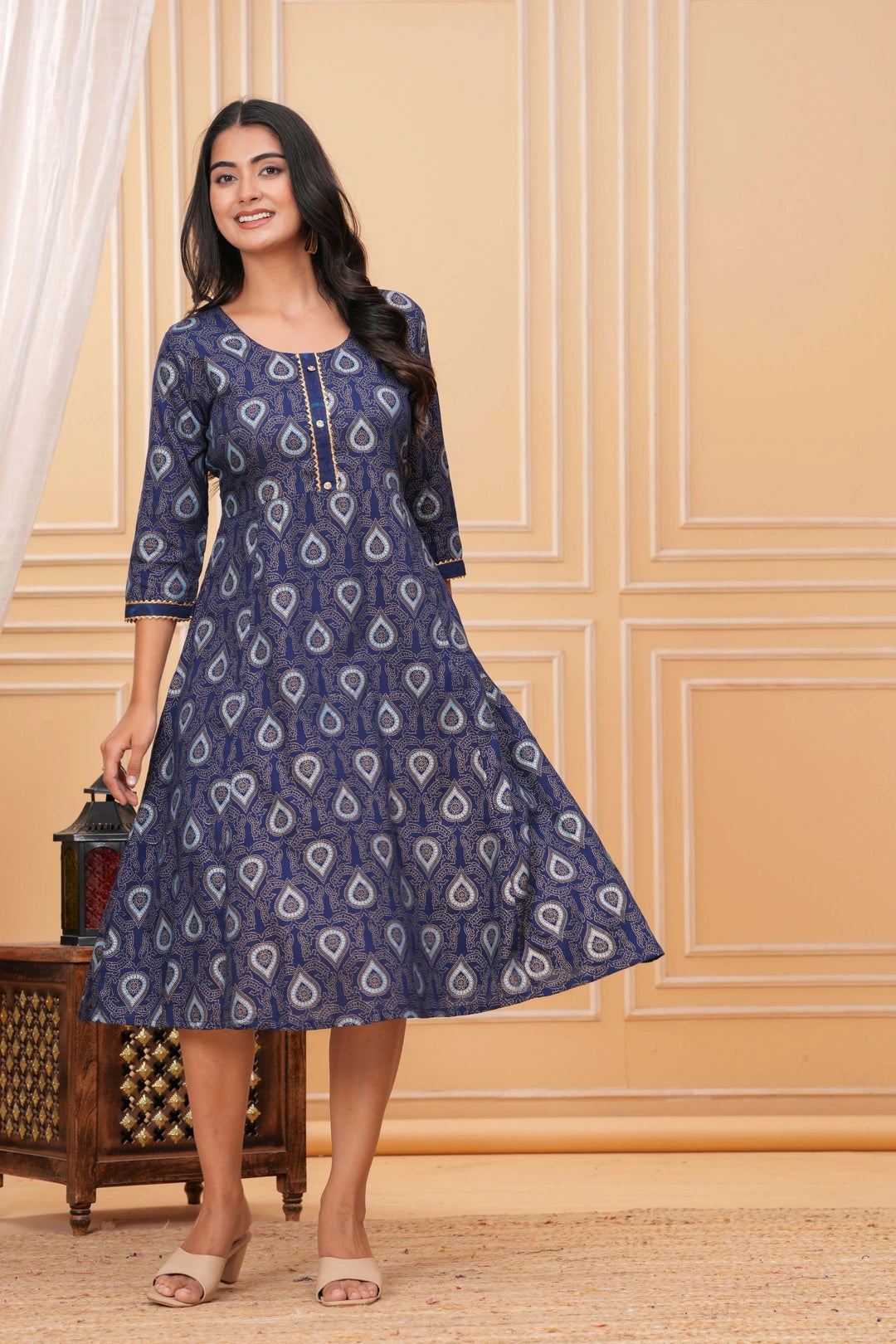Handblock Printed Rayon Anarkali Kurta - Paisley Motif Blue