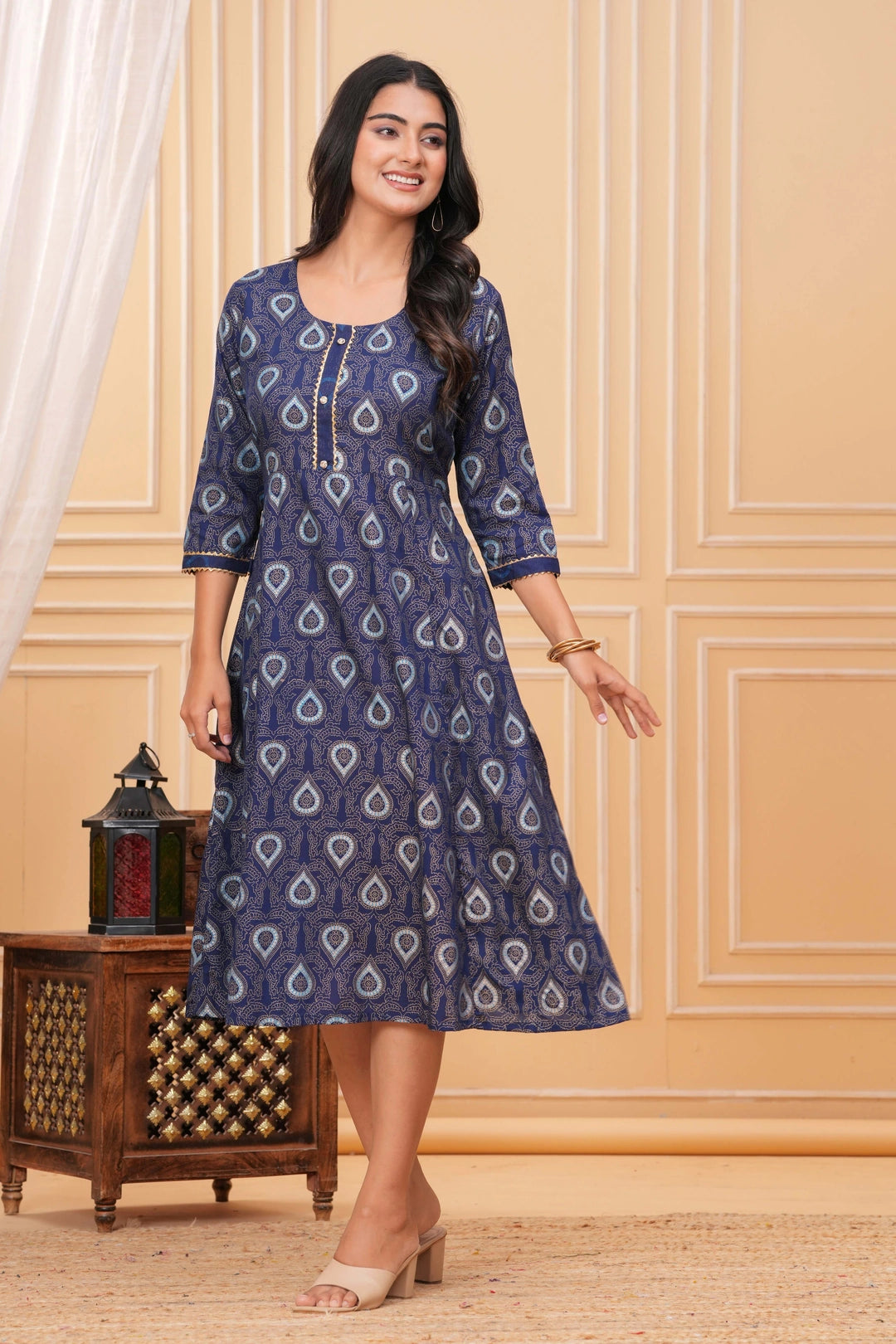 Handblock Printed Rayon Anarkali Kurta - Paisley Motif Blue