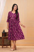 Plum purple rayon flared kurta dress with golden handblock printed floral motifs