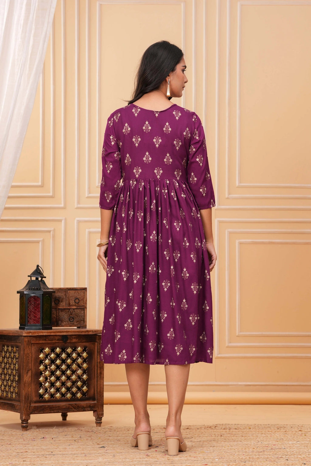 Handblock Printed Rayon Flared Kurta - Golden Floral Motifs
