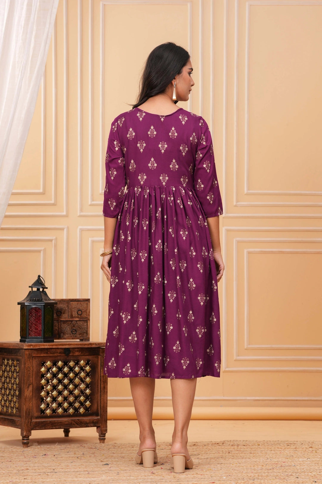 Handblock Printed Rayon Flared Kurta - Golden Floral Motifs