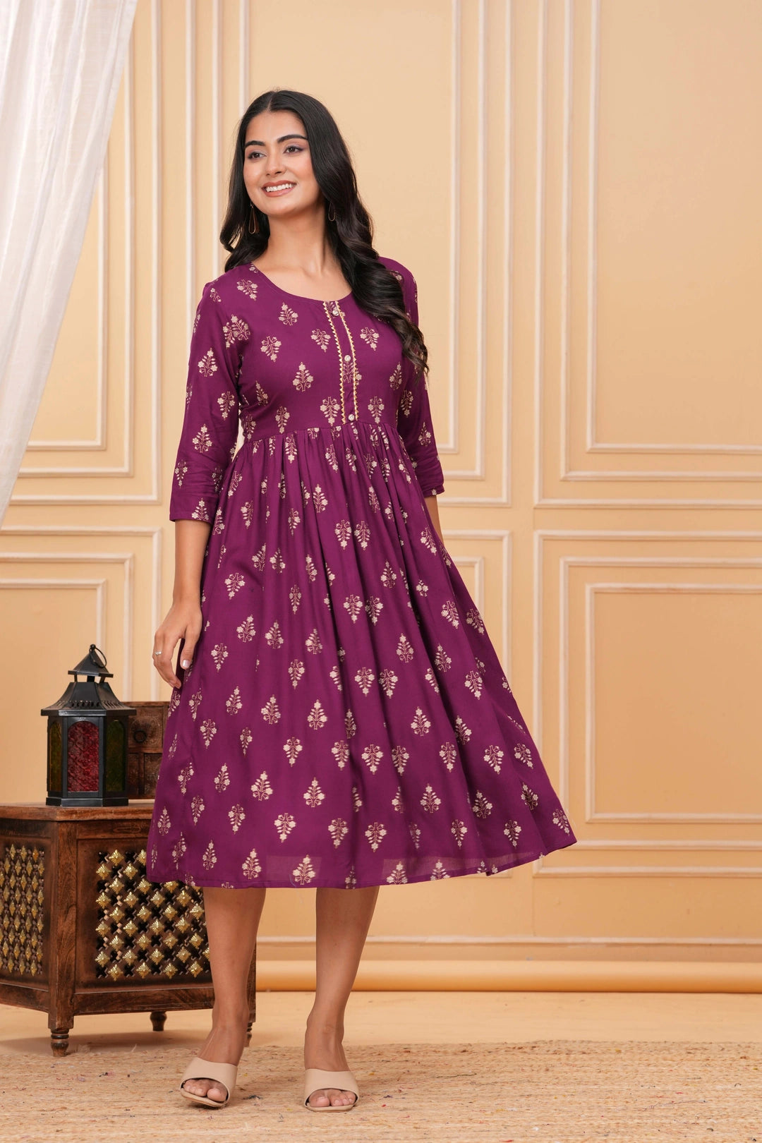 Handblock Printed Rayon Flared Kurta - Golden Floral Motifs