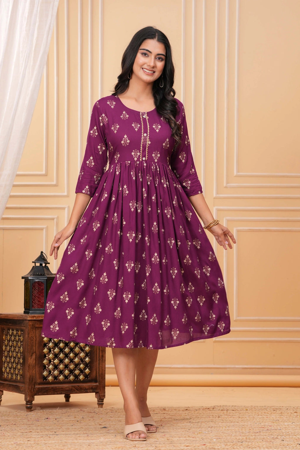 Handblock Printed Rayon Flared Kurta - Golden Floral Motifs