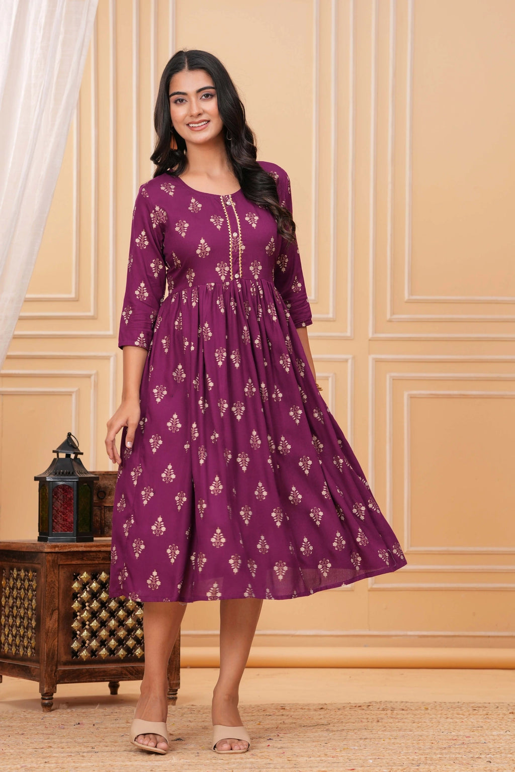 Handblock Printed Rayon Flared Kurta - Golden Floral Motifs