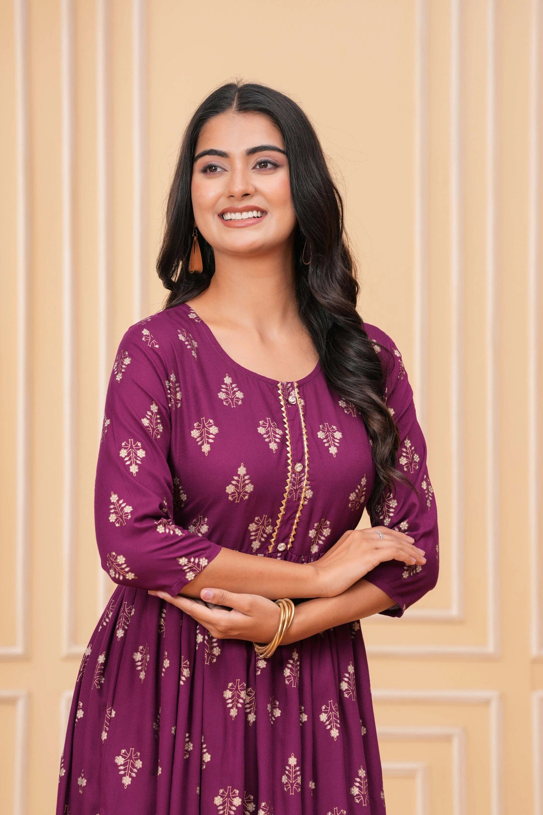 Handblock Printed Rayon Flared Kurta - Golden Floral Motifs