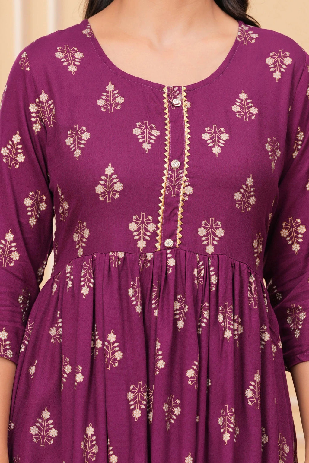 Handblock Printed Rayon Flared Kurta - Golden Floral Motifs