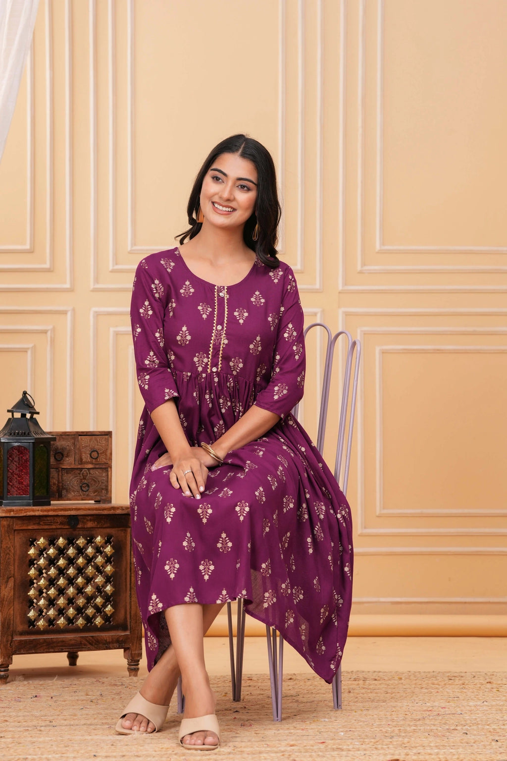 Handblock Printed Rayon Flared Kurta - Golden Floral Motifs