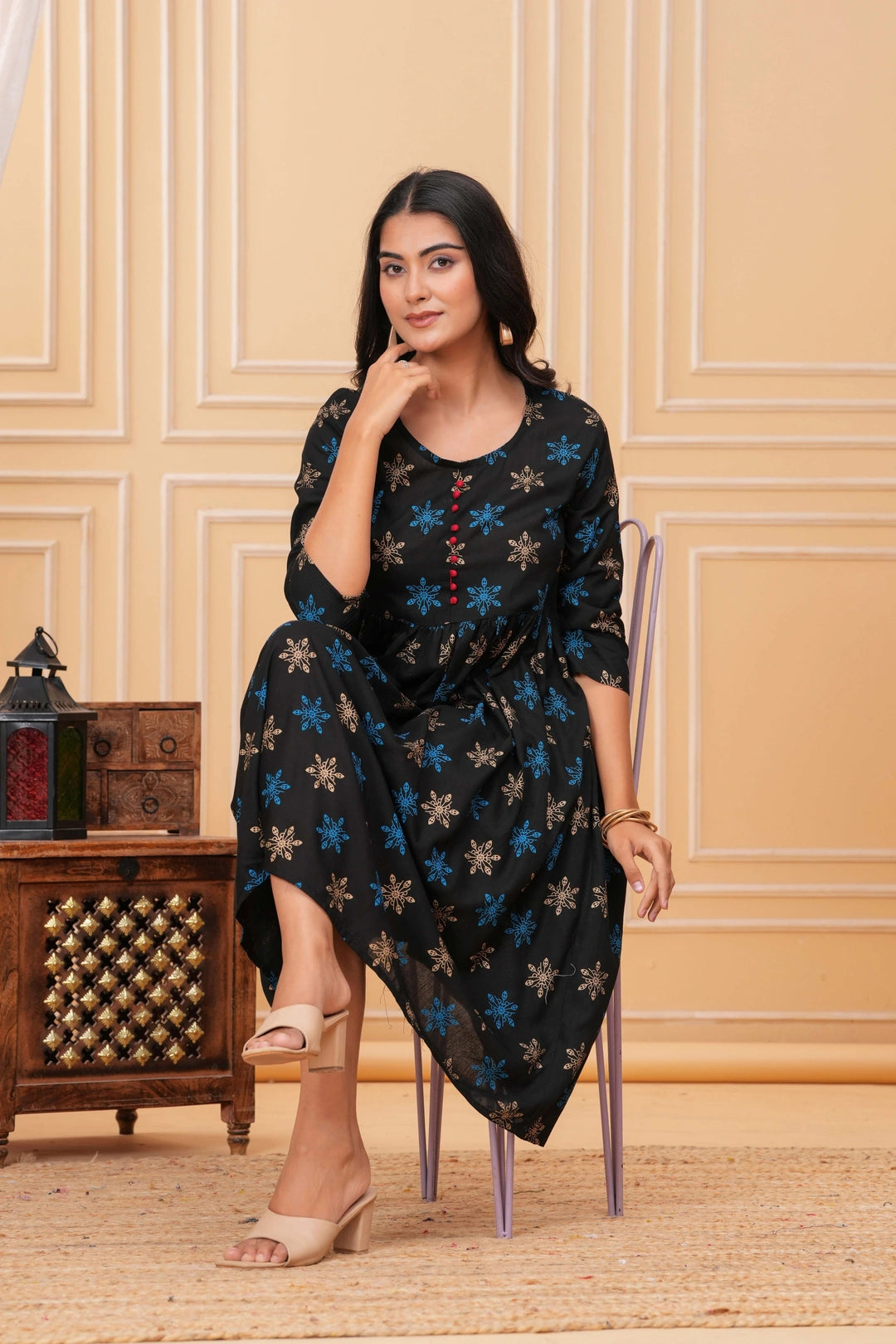 Black rayon Anarkali kurta with blue and gold handblock printed floral motifs