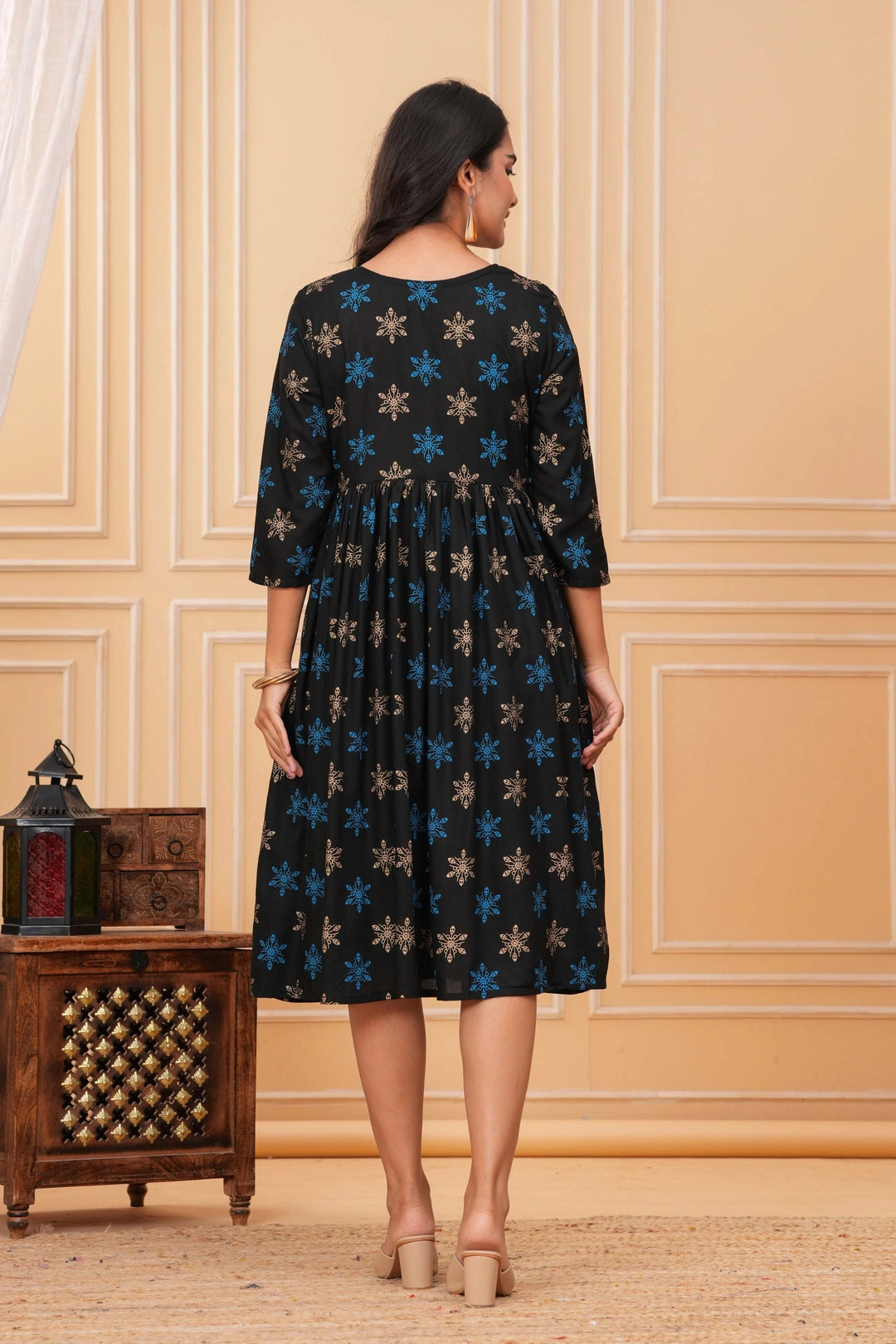 Handblock Printed Rayon Anarkali Kurta - Blue & Gold Motifs