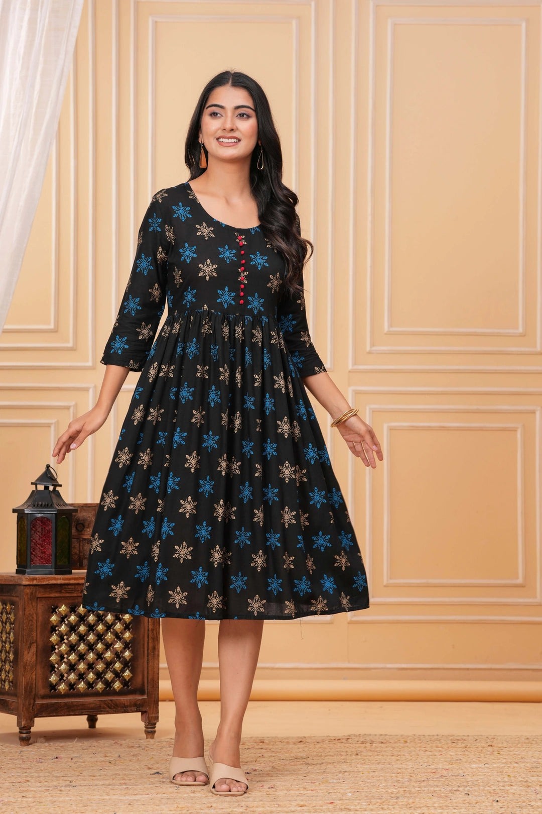 Handblock Printed Rayon Anarkali Kurta - Blue & Gold Motifs