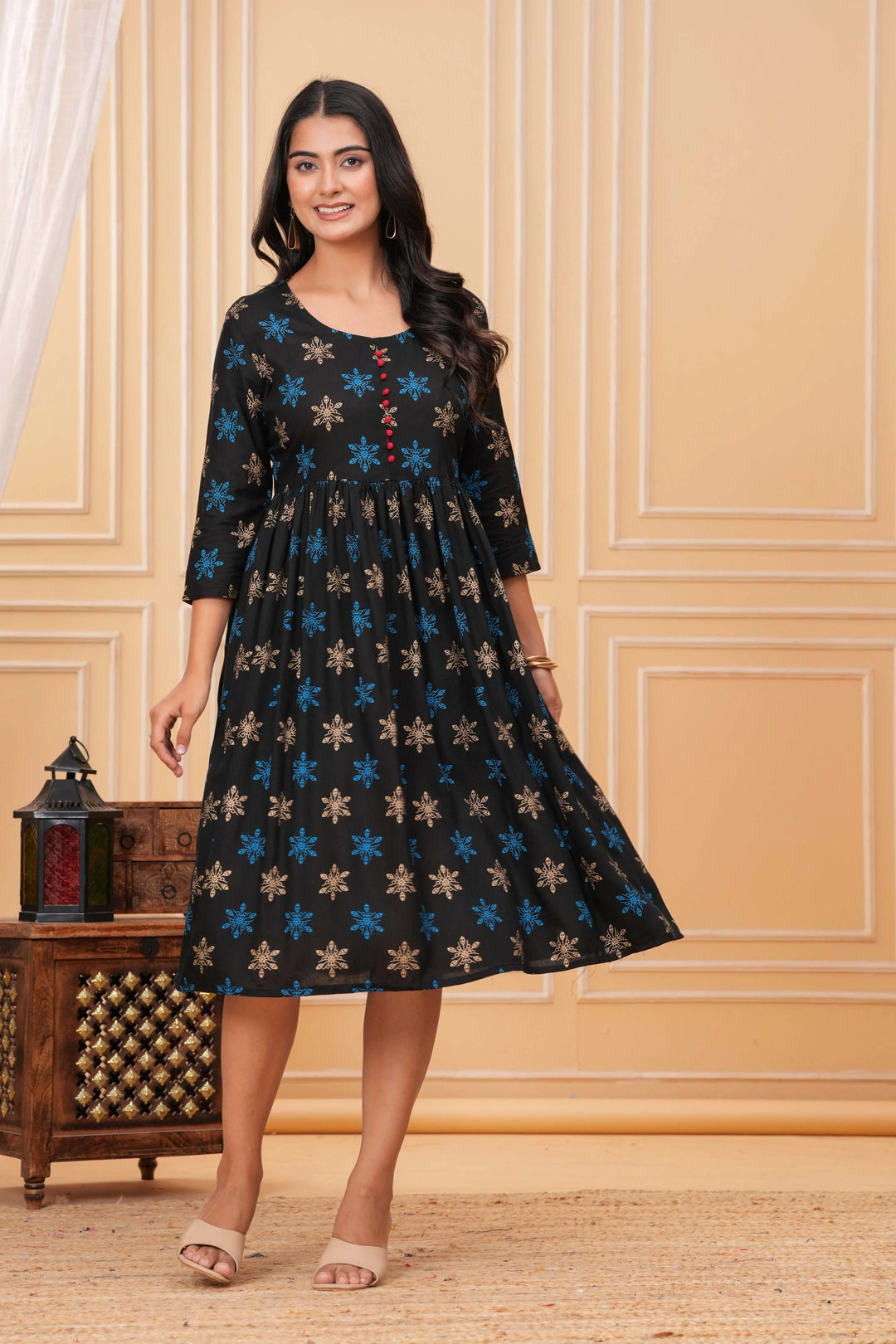 Handblock Printed Rayon Anarkali Kurta - Blue & Gold Motifs