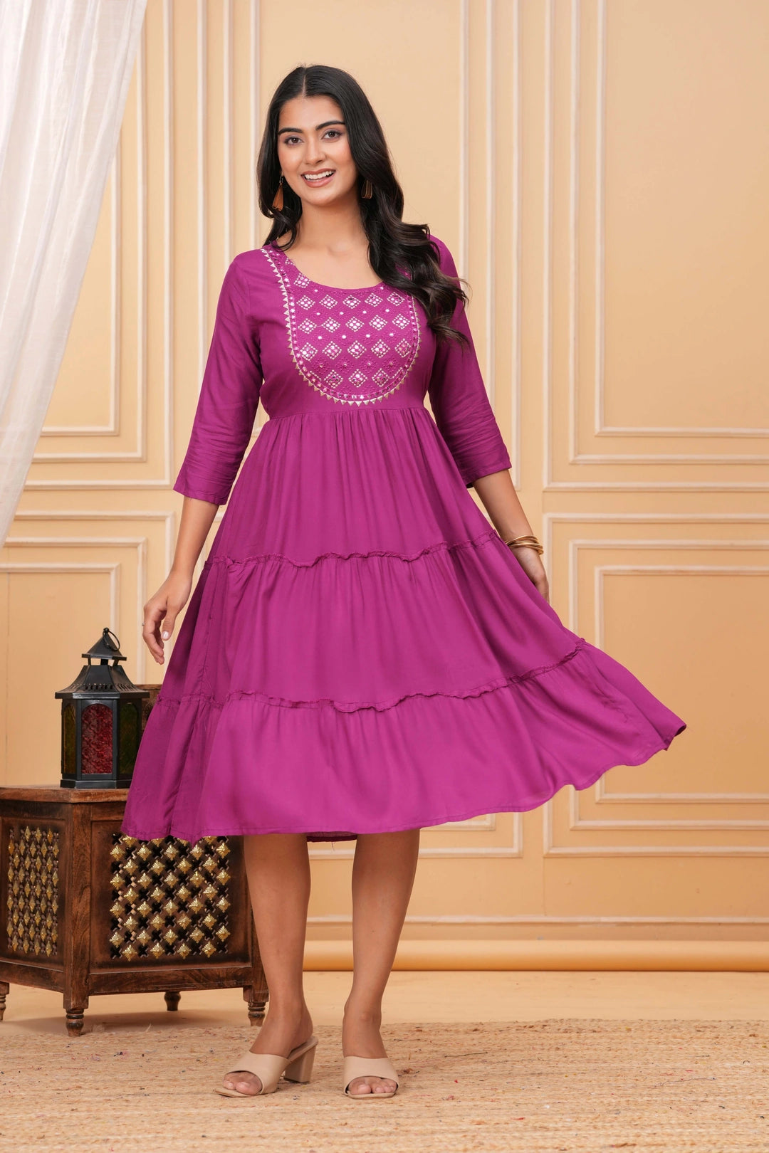Magenta Rayon tiered dress with white embroidered and mirror work on the yoke