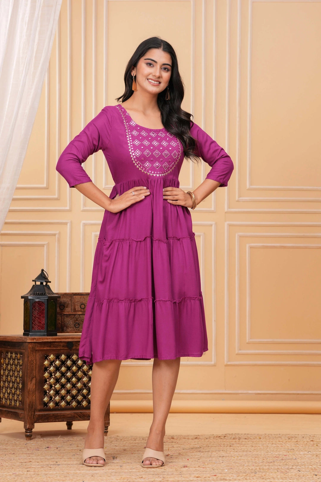 Embroidered Rayon Tiered Dress - Mirror Work Yoke