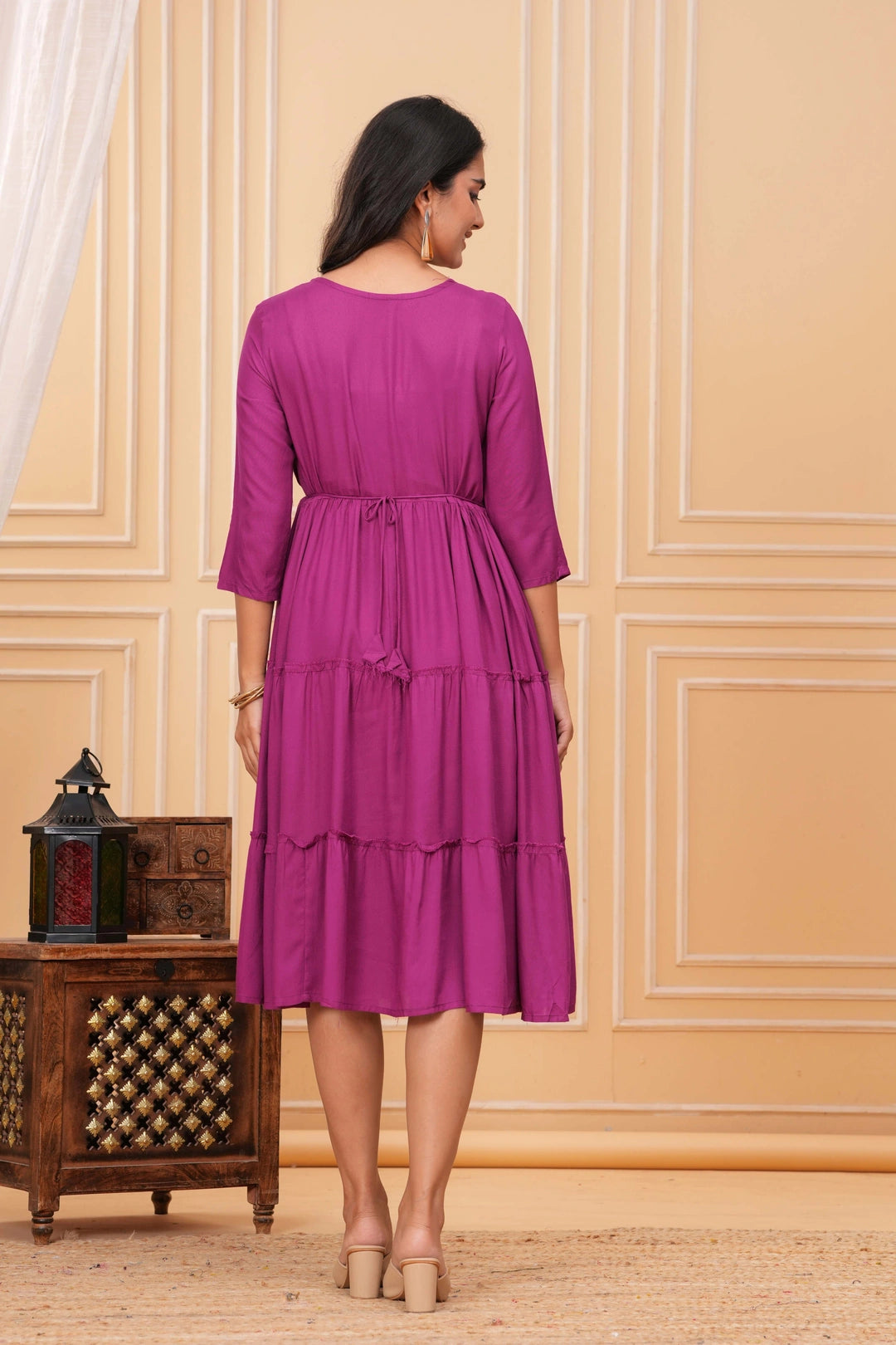 Embroidered Rayon Tiered Dress - Mirror Work Yoke