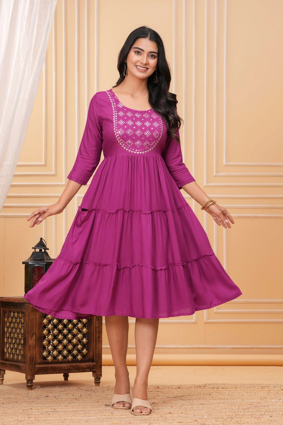 Embroidered Rayon Tiered Dress - Mirror Work Yoke